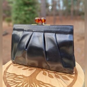 1970's Fendi Black Pleated Leather Large Clutch Amber Bakelite Kisslock Closure